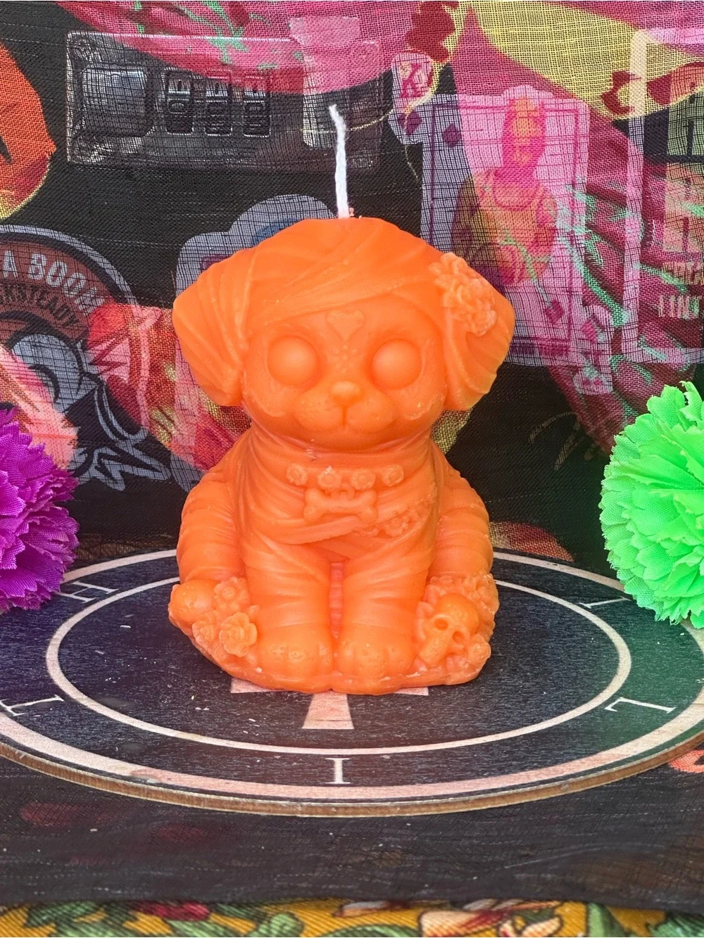 Handmade Orange Mummy Puppy Candle – Halloween Dog Figurine Candle